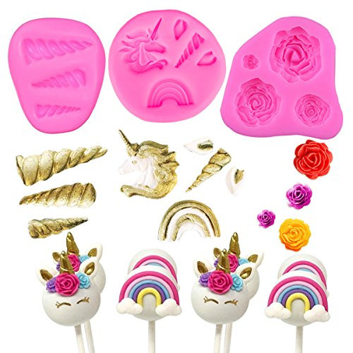 3PCS Unicorn Mold Unicorn Horns Ears Rainbow Flowers Unicorn Silicone Mold Set Cupcake Toppers Fondant Chocolate Mold
