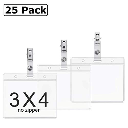 Horizontal 3x4 Inch Quick Load Name Tag Holders and Metal Badge Clips with Vinyl Straps ID Card Holder by ZHEGUI (25 Pack, Large Horizontal 3x4 No Zip