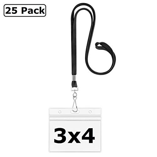 Lanyard with ID Holder Clear Plastic 3x4 Horizontal Nametag Badge Holders Waterproof PVC ID Cards by ZHEGUI (Satin Black, 25 Pack)