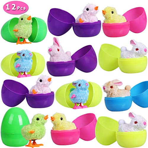 Max Fun Easter Eggs Filled with Wind-Up Toys, 3.7 Colorful Plastic Surprise Eggs with 12 Easter Wind Up Rabbits and Chicks for Kids Party FavorsEaster