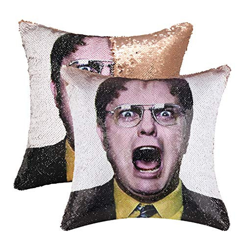 cygnus Funny Reversible Sequin Pillows Cover The Office Dwight Schrute Magic Flip Decorative Change Color Pillowcase for Couch Sofa Bed, 16x16,Champag