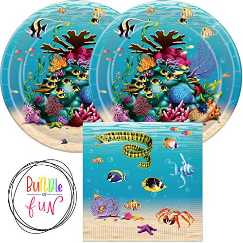 Under the Sea Party Supplies Bundle Pack of Dinner Plates and Napkins for 16 Guests plus Bundle of Fun Sticker