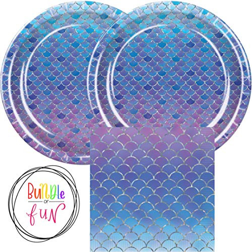 Iridescent Mermaid Shine Party Supplies Bundle Pack of Dinner Plates and Napkins for 16 Guests plus Bundle of Fun Sticker