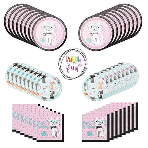 Purr-fect Cat Birthday Party Supplies Bundle Pack of Dinner Plates, Snack Plates and Napkins for 16 Guests plus Bundle of Fun Sticker