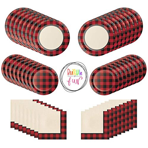 Buffalo Plaid Birthday Party Supplies Bundle Pack of Dinner Plates, Snack Plates and Napkins for 16 Guests plus Bundle of Fun Sticker