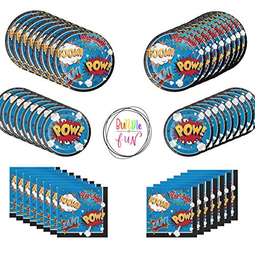 Superhero Slogan Birthday Party Supplies Bundle Pack of Dinner Plates, Snack Plates and Napkins for 16 Guests plus Bundle of Fun Sticker