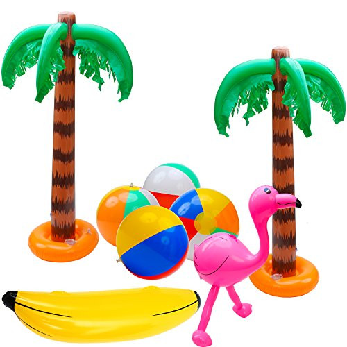 Elcoho 8 Pack Inflatable Palm Trees Flamingos Toys Inflatable Banana Beach Balls for Hawaii Party D?r Luau Party Backdrop (Party Decoration A)