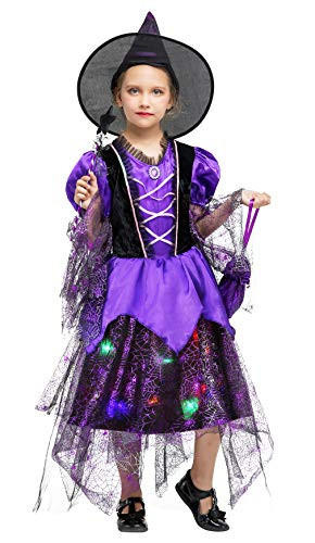 Cloudkids Girls Halloween Witch Costumes Light-up Kids Witch Costume Fancy Dress with Accessories(7-9 Years)