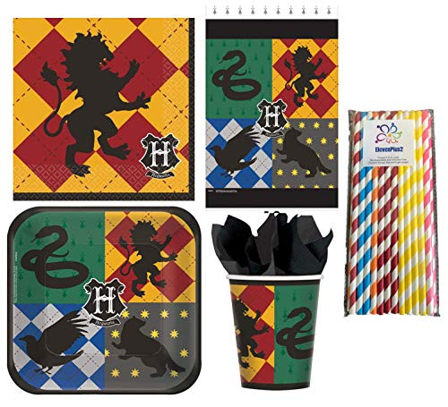Harry Potter Birthday Party Supplies Pack for 16 Guests - Dessert Plates, Beverage Napkins, Cups, Table Cover and ElevenPlus2 Paper Straws