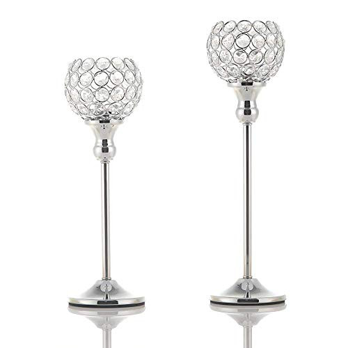 VINCIGANT Silver Crystal Tea Light Candle Holders/Sparklers Wedding Candelabra Housewarming Dining Room Coffee Table Decorative Centerpiece,Set of 2