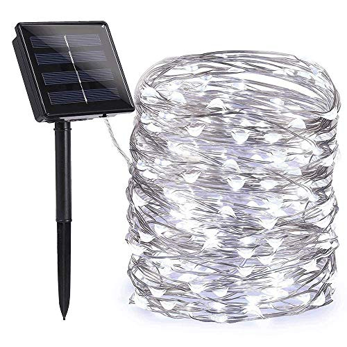 BrizLabs Solar Christmas String Lights Cool White, 66ft 200 LED Solar Powered Fairy Lights 8 Modes Copper Wire Lights Waterproof Outdoor Starry Lighti
