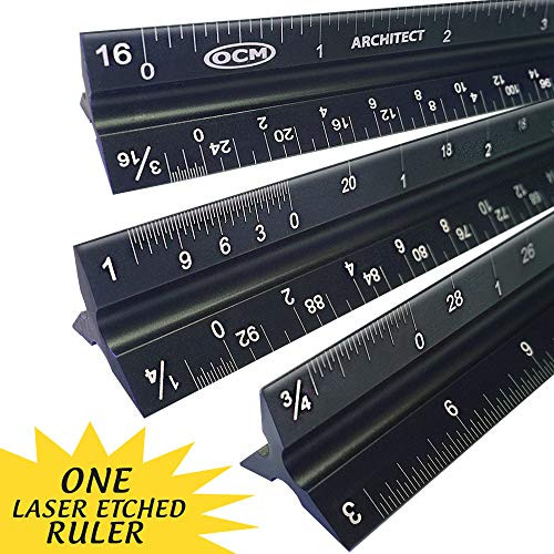 OCM 1 Laser Etched Architect - 12 inch Anodized Triangular Architect Imperial Scale Ruler (Professional Grade Solid Extruded Aluminum) Imperial Scale