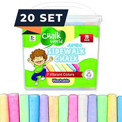 Chalk World Jumbo Sidewalk Chalk Sets For Kids, 20 Pieces, 7 Colors of Bright & Vibrant Jumbo Chalk, Washable, Non-Toxic Outdoor Chalk, Sidewalk Chalk