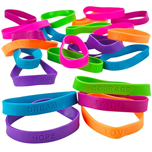 Kicko 24 Rubber Bracelets with Sayings 8 Inches Diameter, Wristband, Assorted Colors - Dream, Love, Courage, Hope, Faith, Strength - for Kids, Teens,