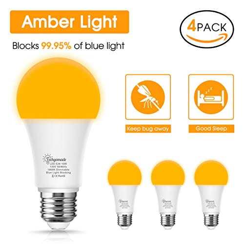 TechgoMade A19 Dimmable Yellow Bulb, Amber Yellow LED Bug Light Bulb, 10 Watt (60W Equivalent) E26 Medium Base, No Blue Light Bedroom Sleep Night Ligh
