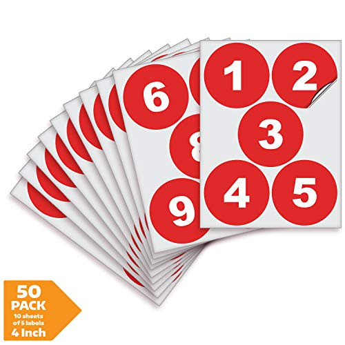 Red Vinyl Consecutive Number Stickers - 1 to 50, 4 inch Self-Adhesive - Premium Decal for Indoor & Outdoor, Ideal for Inventory, Storage, Organizing,