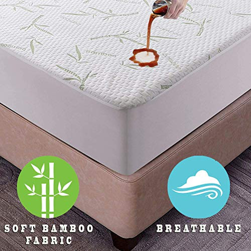 Hannah Linen Bamboo Mattress Protector King Size - Hypoallergenic & Breathable Waterproof Mattress Cover - Fitted Cover with Cooling Fabric - Pillow T