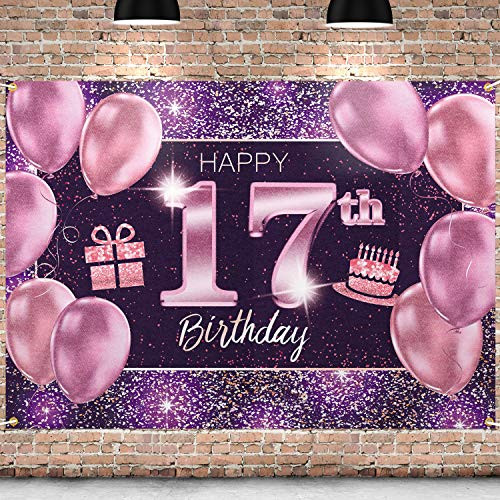 PAKBOOM Happy 17th Birthday Backdrop Pink Photo Background Banner 17 Birthday Decorations Party Supplies for Girls