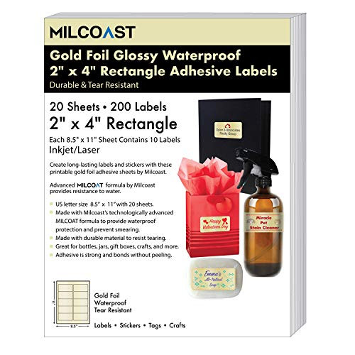 Milcoast Gold Foil Glossy Waterproof Tear Resistant Blank Adhesive 2" x 4" Rectangle Shaped Labels - for Inkjet/Laser Printers - 200 Labels (20 Sheets