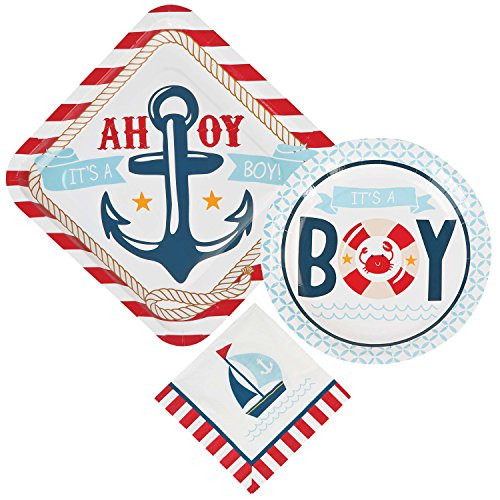 Nautical Boy Baby Shower Supply Bundle For 16 Guests: 3 Items - Large Plates, Small Plates, Napkins