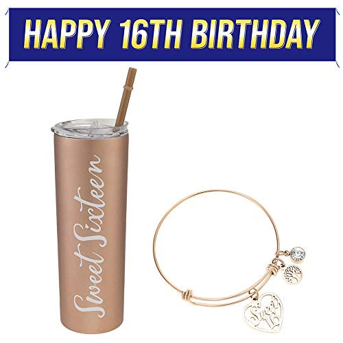 Opopark Sweet 16th Birthday Gift Set - Sweet Sixteen Birthday Gift for Girls 16th Birthday Party Supplies and Decorations (Banner+Bracelet+Tumbler ) Opopark Sweet 16th Birthday Gift Set - Sweet Sixteen Birthday Gift for Girls 16th Birthday Party Supplies and Decorations (Banner+Bracelet+Tumbler )