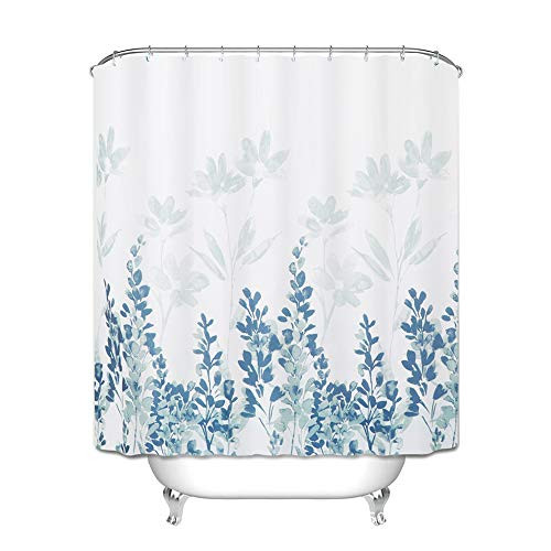 FINLI Leavess Pattern Shower Curtain, Watercolor Leaf Blue Flower Waterproof Polyester Fabric Bathroom Decor Bath Curtain Set with Hooks 72x72 inch