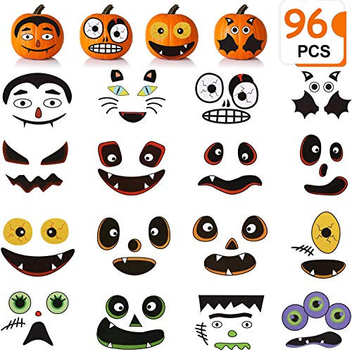 Taocco 96 PCS Halloween Pumpkin Decorating Stickers,Jack-o-Lantern Decoration Craft Kit,16 Funny and Classic Pumpkin Expressions Stickers,Halloween Tr