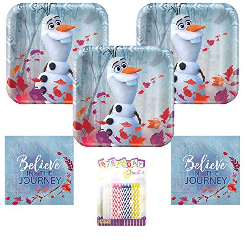 Frozen 2 Party Supplies Pack Serves 16: Dessert Plates and Beverage Napkins with Birthday Candles (Bundle for 16)