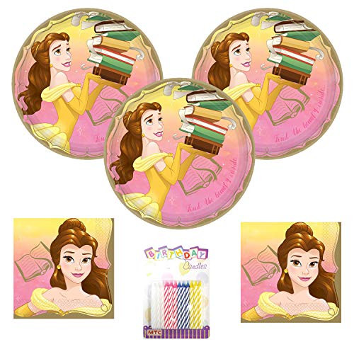 Princess Belle Party Supplies Pack Serves 16: 9" Plates and Luncheon Napkins with Birthday Candles (Bundle for 16)