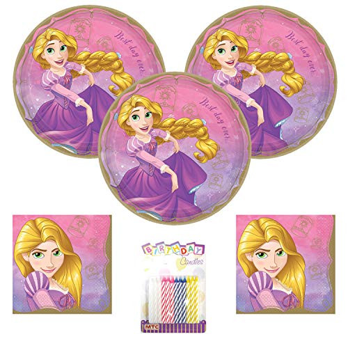 Princess Rapunzel Party Supplies Party Supplies Pack Serves 16: 9" Plates and Luncheon Napkins with Birthday Candles (Bundle for 16)
