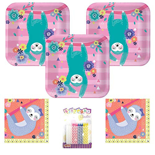 Sloth Party Supples Pack Serves 16: 7" Plates and Beverage Napkins with Birthday Candles (Bundle for 16)