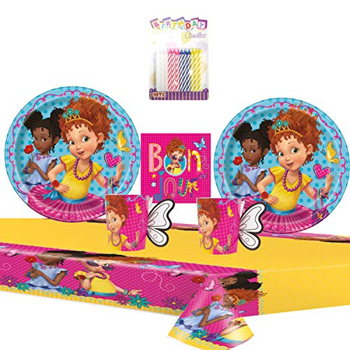 Fancy Nancy Party Supplies Pack Serves 16: 7" Plates Beverage Napkins Cups and Table Cover with Birthday Candles (Bundle for 16)