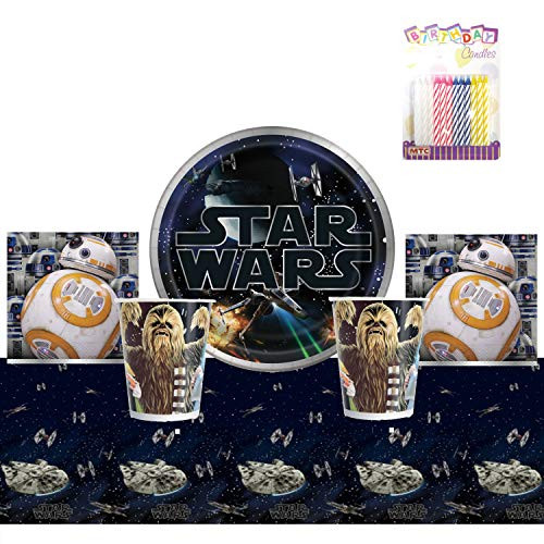 Classic Star Wars Party Supplies Pack Serves 16: 9" Plates Luncheon Napkins Cups and Table Cover with Birthday Candles (Bundle for 16)