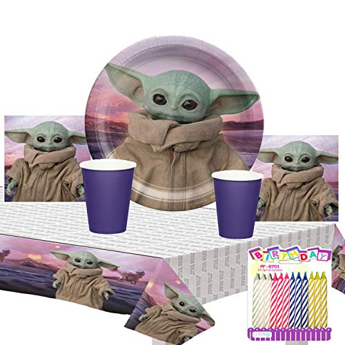The Mandalorian Baby Yoda Party Supplies Pack Serves 16: Dinner Plates Luncheon Napkins Cups and Table Cover with Birthday Candles (Bundle for 16)