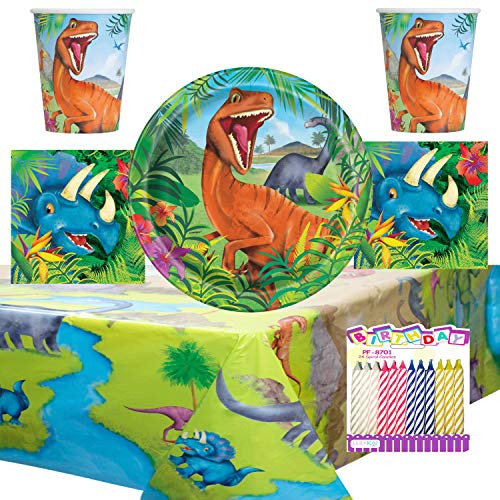 Dinosaur Theme Party Pack Serves 16: Dinner Plates Luncheon Napkins Cups and Table Cover with Birthday Candles (Bundle for 16) Dinosaur Theme Party Pack Serves 16: Dinner Plates Luncheon Napkins Cups and Table Cover with Birthday Candles (Bundle for 16)