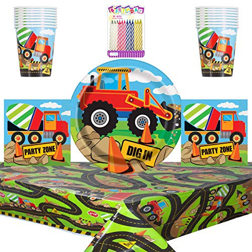 Construction Themed Party Supplies Pack Serves 16: Dessert Plates Beverage Napkins Cups and Table Cover with Birthday Candles (Bundle for 16)