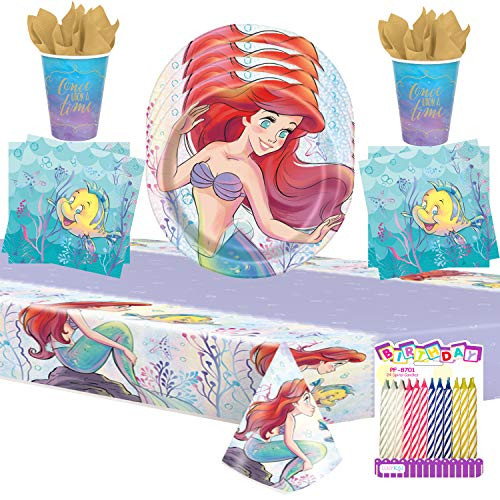 The Little Mermaid Ariel Party Supplies Pack Serves 16: 9" Plates Luncheon Napkins Cups and Table Cover with Birthday Candles (Bundle for 16)