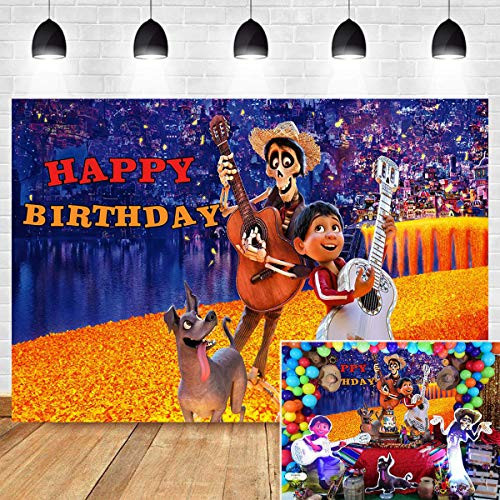 Cartoon Skull and Boy Photography Backdrop Blue Gold Bokeh Children Happy Birthday Party Decorations Vinyl 7x5ft Halloween Day of The Dead Baby Shower