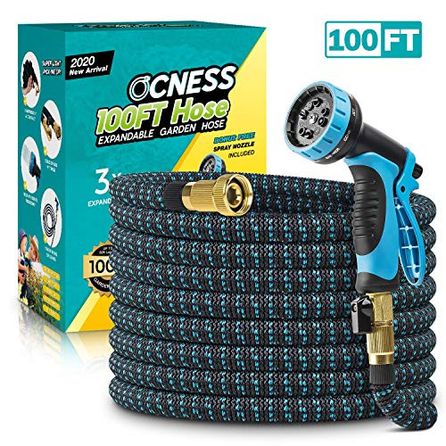 Expandable Garden Hose, 100ft Lightweight Flexible Water Hose with 9 Function Spray Nozzle, 3/4" Solid Brass Fittings, Double Latex Core, Durable Fabr