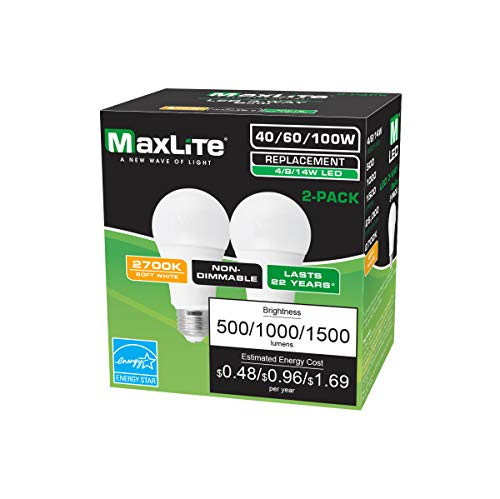 MaxLite 14W 3-Way LED A19 Bulb, 2-Pack, Omnidirectional, E26, 1500 lm, 2700K