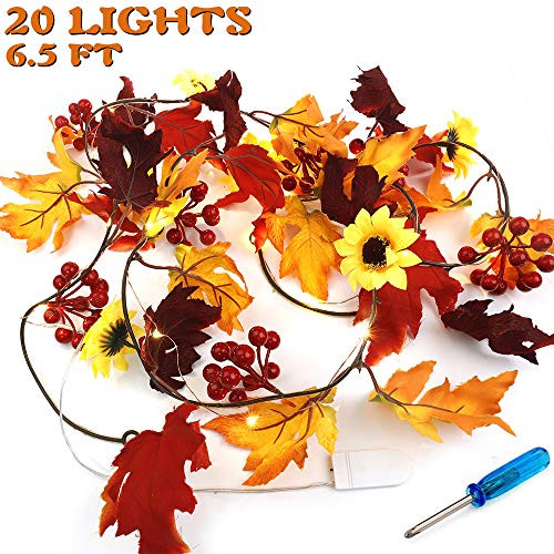 Fall Garland Maple Leaf String Lights, 20 LED 6.5Ft Fall Maple Leaf Garland Battery Powered Maple Leaves Light Waterproof Halloween Autumn Garland for