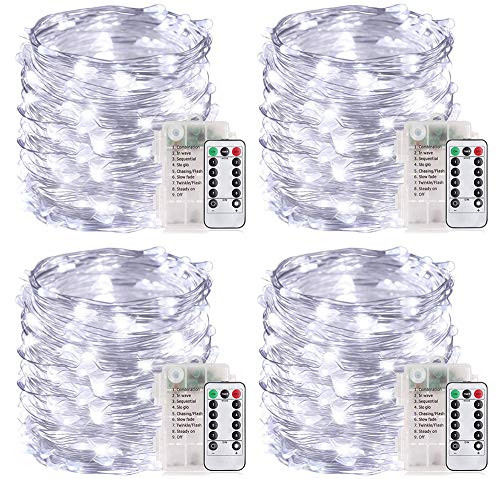 MUMUXI 4 Pack 33Ft 100 LED Fairy Lights Battery Operated String Lights with 8 Modes Remote Control Timer Waterproof Copper Wire Twinkle Lights for Bed