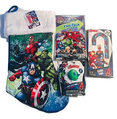 Avengers Themed Christmas Stocking Gift Set - Avengers Grab & Go Play Pack, Blue Raspberry Flavored Candy Cane, Berry Scented Color Twist Bath Bomb &