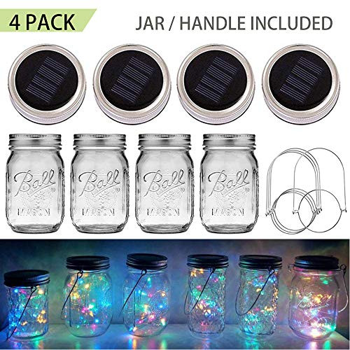 Solar Mason Jar Lights, 4 Pack 20 LED Waterproof Fairy Firefly Jar Lids String Lights (with Jars and Hangers), Patio Yard Garden Wedding Easter Decora