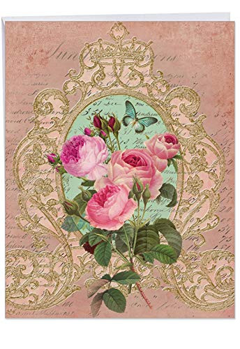 Romance And Roses - Mother's Day Card with Envelope (X-Large 8.5 x 11 Inch) - Vintage Happy Mothers Day Greeting Notecard from Husbands - Flower Moms