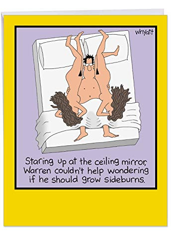 Grow Sideburns Birthday' Hilarious 8.5 x 11 Inch Greeting Card w/Envelope Funny Cartoon - Two Women and One Man in Bed, Looking Up at Ceiling Mirror -