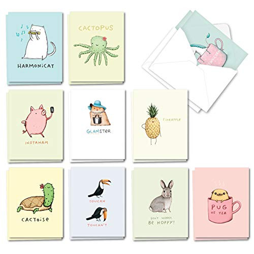 The Best Card Company - 20 Note Cards Blank Assortment (4 x 5.12 Inch) (10 Designs, 2 Each) - Punimals AM3366OCB-B2x10