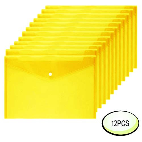 Wiekyze Poly Envelope 12 Pcs Document Envelopes with Snap Button Quality Clear Document Folder for A4 Size (Yellow)
