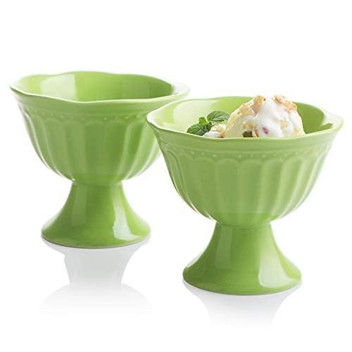 SWEEJAR Ceramic Ice Cream Bowls, Tulip Sundae Cups, 10 Ounce Dessert Bowls for Sundaes, Milkshakes, Parfaits, Set of 2,(Green)