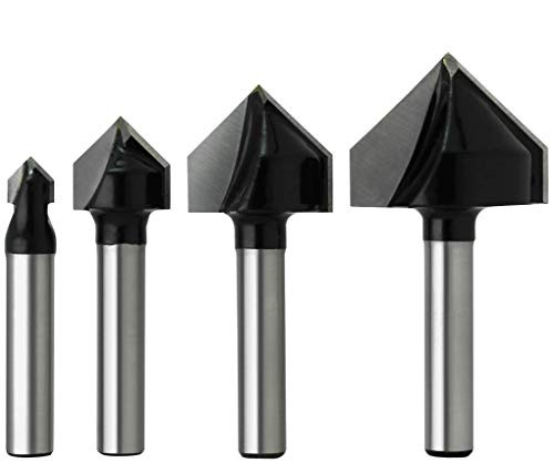 Align Carbide, 4-Piece 90 Degree V Groove Router Bits, 1/4 Inch Shank, Carbide Tipped, CNC Engraving Bit, Woodworking Chamfer Bevel Cutter, CNC Router